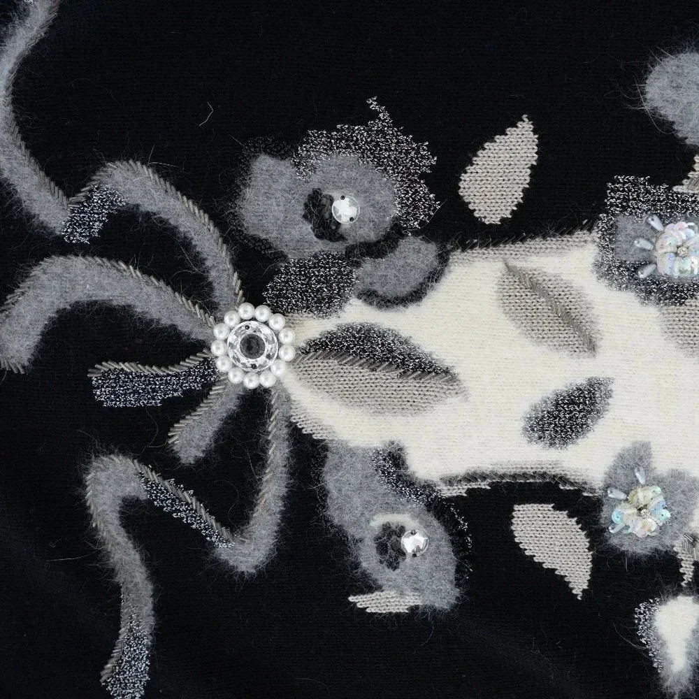 Vintage Angora Elegant Black and White Floral Sweater - Picture 9 of 13